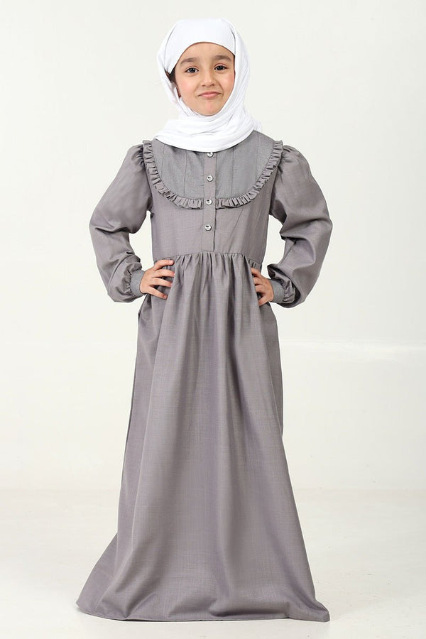 Polyester Poplin Abaya with Embroidered Yoke & Pleated Waist - Grey - EastEssence.com