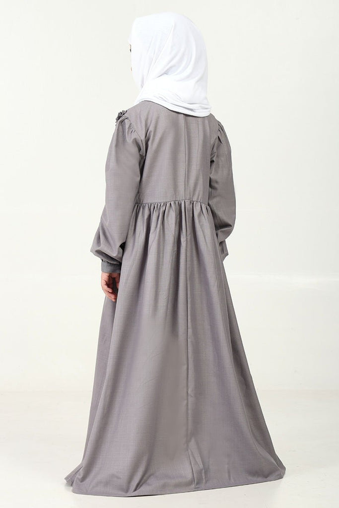 Polyester Poplin Abaya with Embroidered Yoke & Pleated Waist - Grey - EastEssence.com