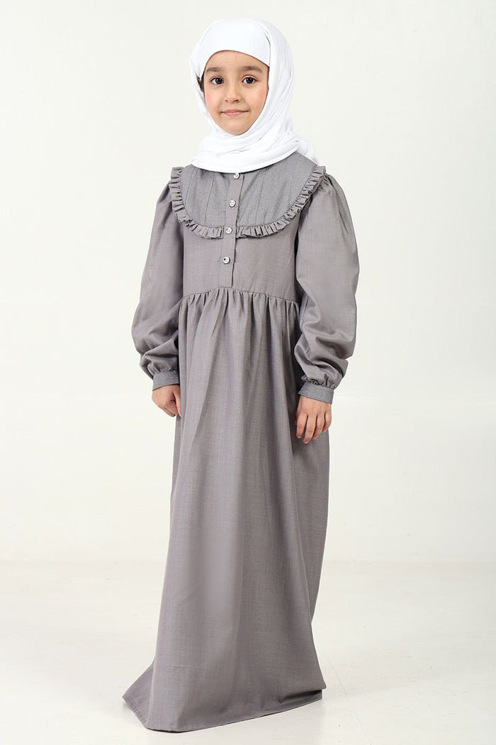 Polyester Poplin Abaya with Embroidered Yoke & Pleated Waist - Grey - EastEssence.com