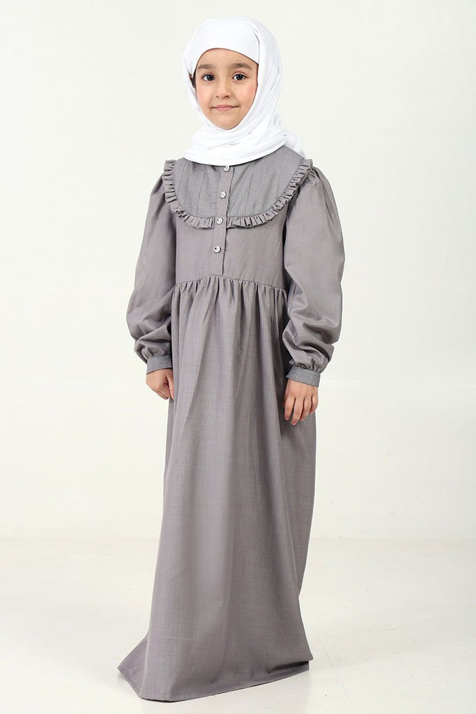 Polyester Poplin Abaya with Embroidered Yoke & Pleated Waist - Grey - EastEssence.com