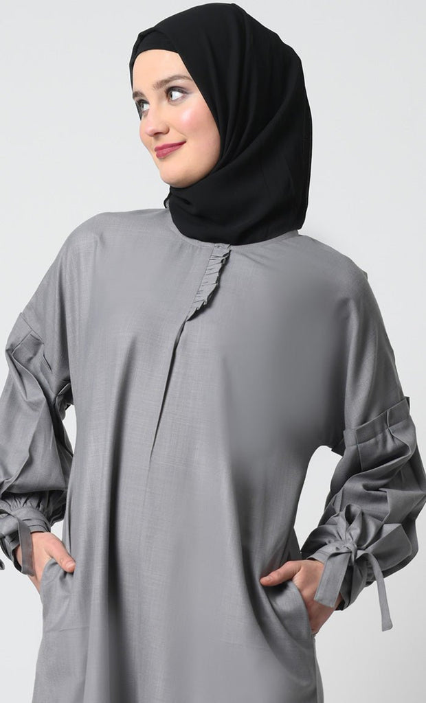 Polyester Poplin Abaya with Frilled Cuffs - EastEssence.com