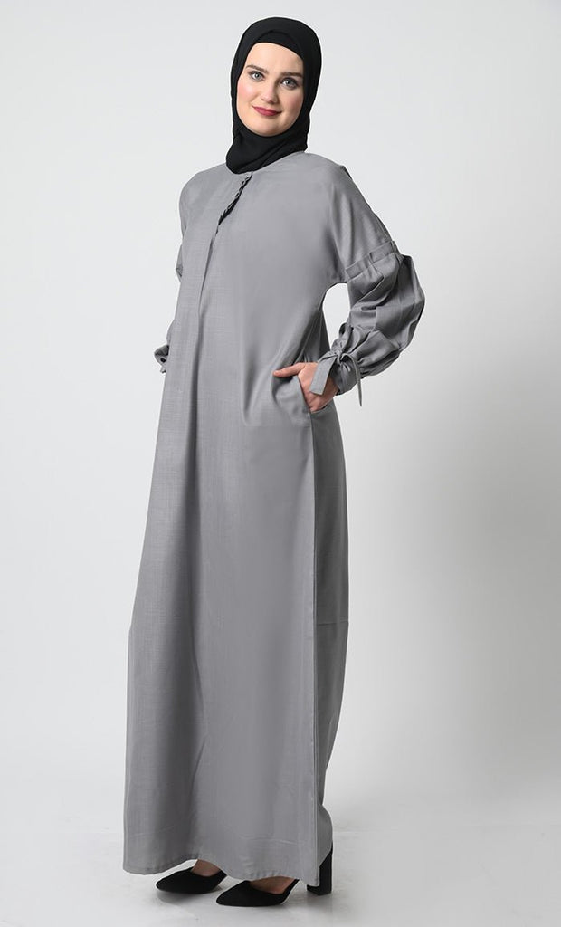 Polyester Poplin Abaya with Frilled Cuffs - EastEssence.com