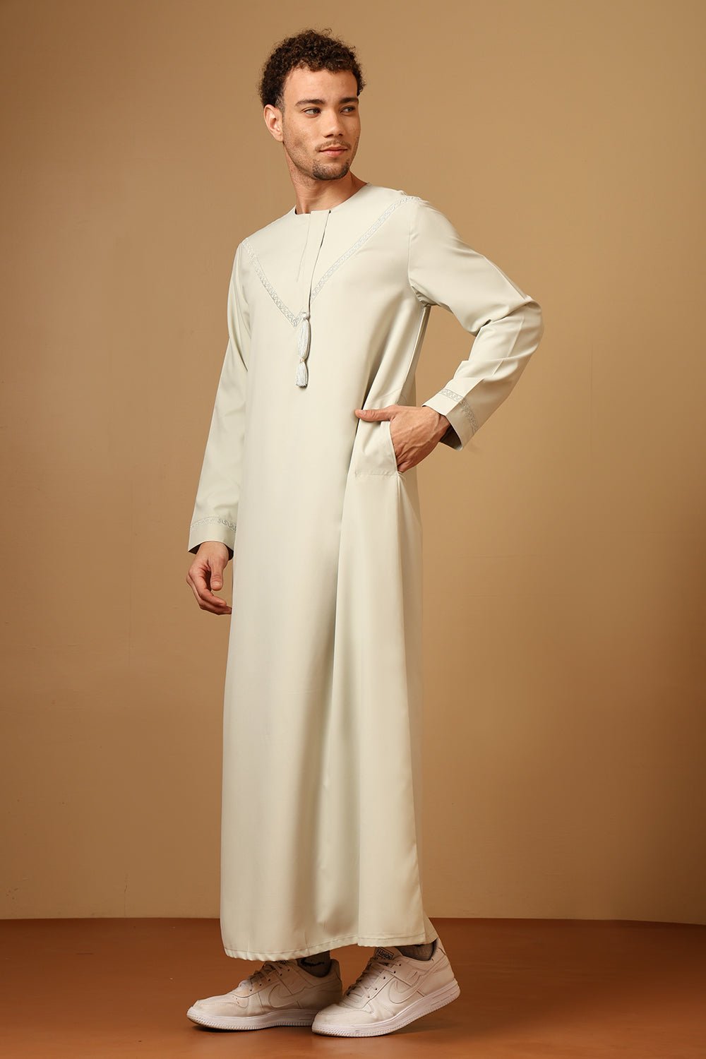 Polyester Poplin Emirati Thobe with Tassel Tie - Up - EastEssence.com