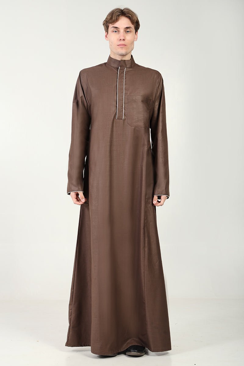 Polyester Poplin Everyday Wear Thobe with Stand Collar-Brown