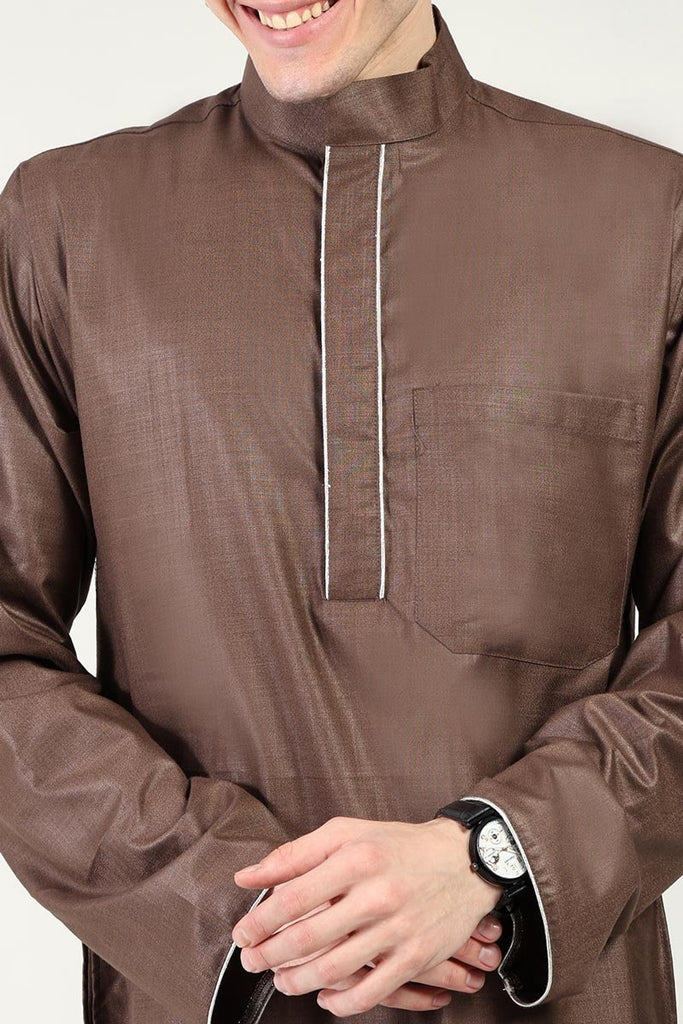 Polyester Poplin Everyday Wear Thobe with Stand Collar - Brown - EastEssence.com