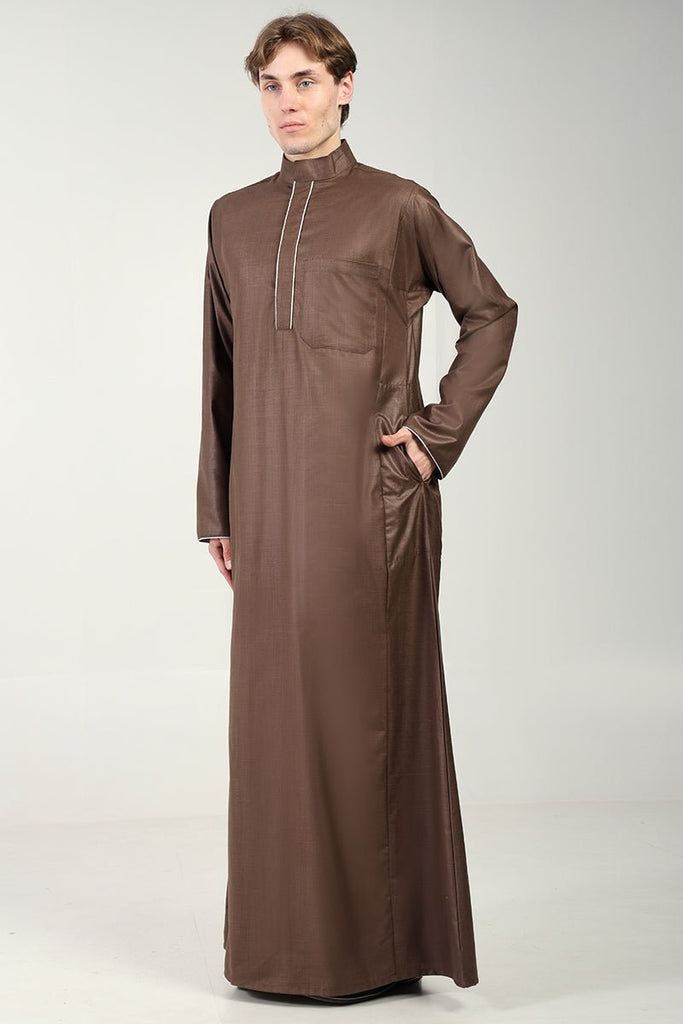 Polyester Poplin Everyday Wear Thobe with Stand Collar - Brown - EastEssence.com