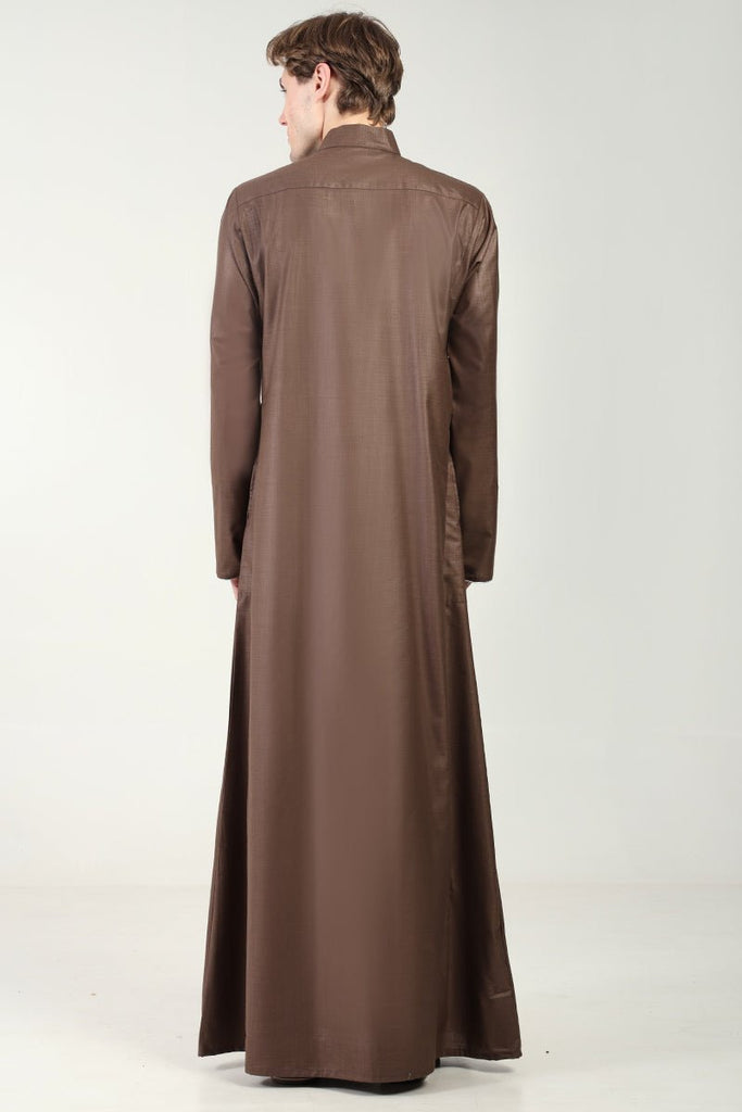 Polyester Poplin Everyday Wear Thobe with Stand Collar - Brown - EastEssence.com