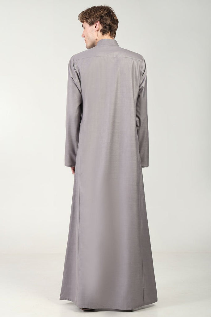 Polyester Poplin Everyday Wear Thobe with Stand Collar - Grey - EastEssence.com