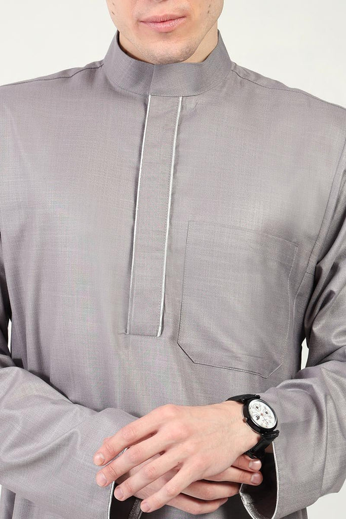 Polyester Poplin Everyday Wear Thobe with Stand Collar - Grey - EastEssence.com