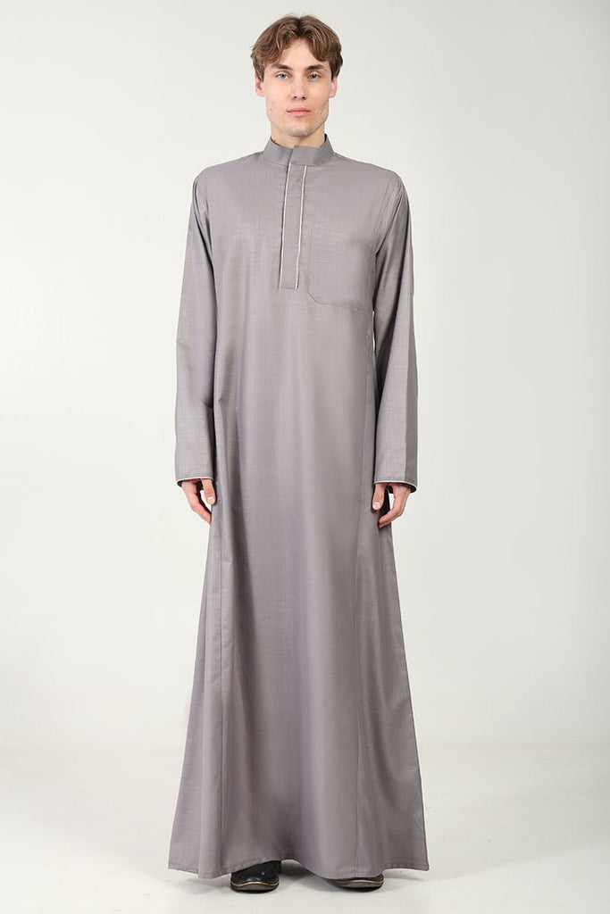 Polyester Poplin Everyday Wear Thobe with Stand Collar - Grey - EastEssence.com