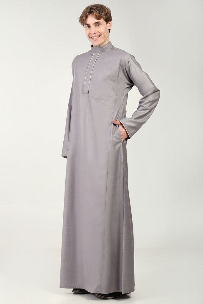 Polyester Poplin Everyday Wear Thobe with Stand Collar - Grey - EastEssence.com