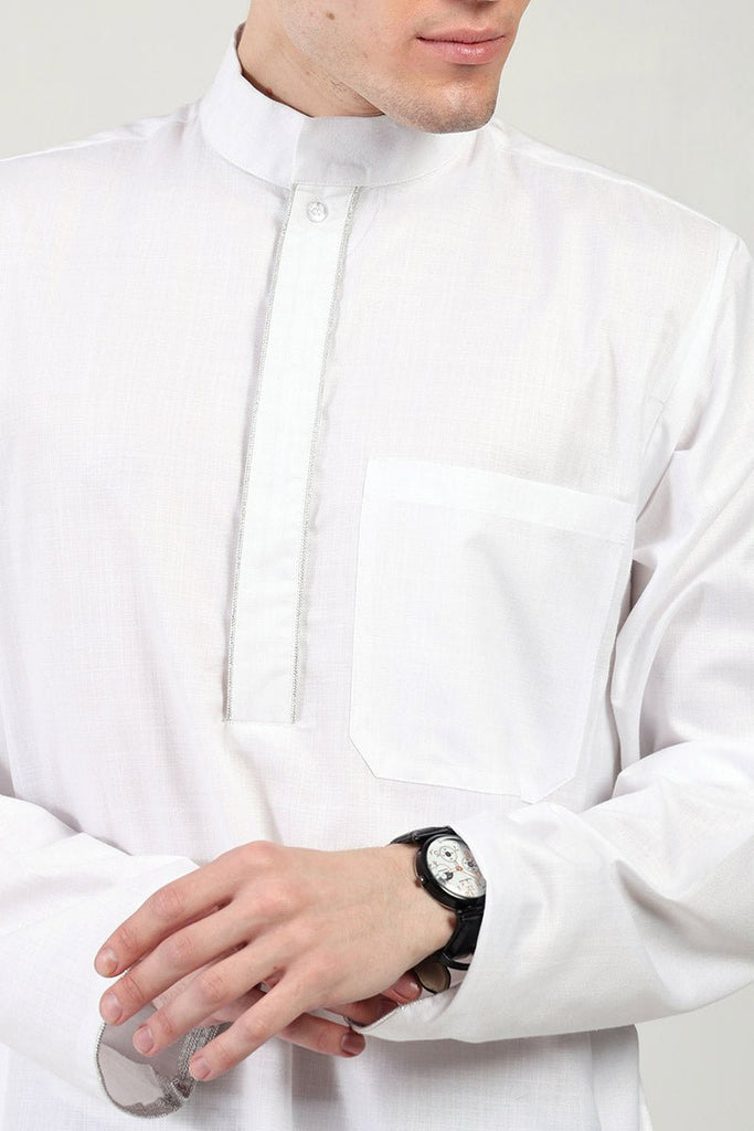 Polyester Poplin Everyday Wear Thobe with Stand Collar - White - EastEssence.com