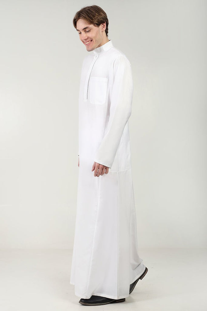 Polyester Poplin Everyday Wear Thobe with Stand Collar - White - EastEssence.com