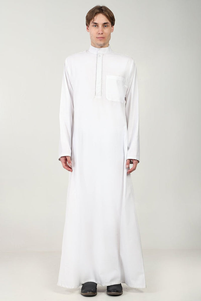 Polyester Poplin Everyday Wear Thobe with Stand Collar - White - EastEssence.com