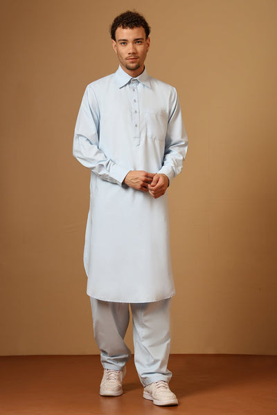 Polyester Poplin Pathani Kurta Pant Set with Collared Neck