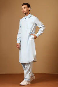 Polyester Poplin Pathani Kurta Pant Set with Collared Neck - EastEssence.com