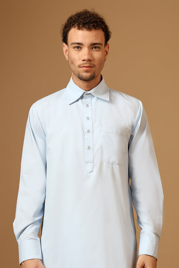 Polyester Poplin Pathani Kurta Pant Set with Collared Neck - EastEssence.com