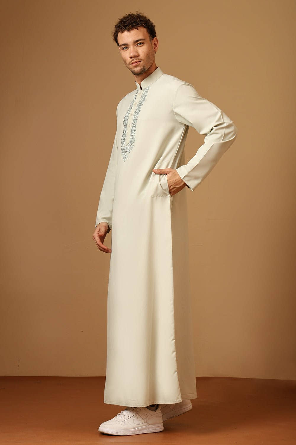 Polyester Poplin Pista green Embroidered Mandarin Collar Thobe - EastEssence.com