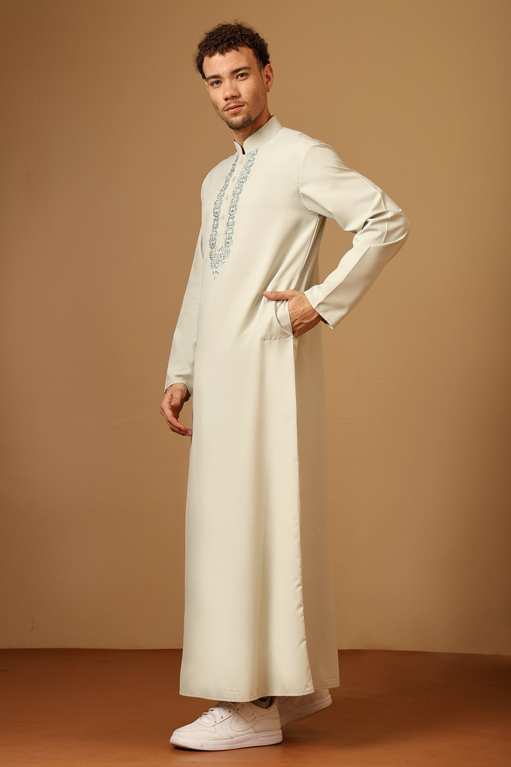 Polyester Poplin Pista green Embroidered Mandarin Collar Thobe - EastEssence.com