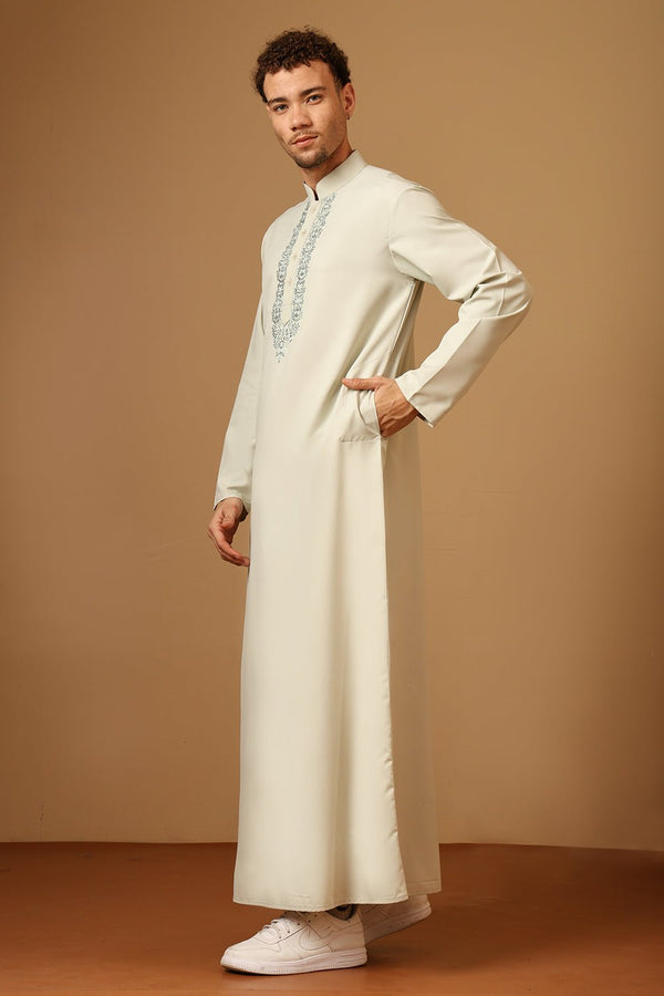 Polyester Poplin Pista green Embroidered Mandarin Collar Thobe - EastEssence.com