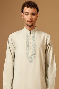 Polyester Poplin Pista green Embroidered Mandarin Collar Thobe - EastEssence.com