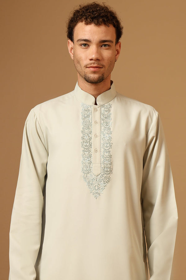 Polyester Poplin Pista green Embroidered Mandarin Collar Thobe - EastEssence.com