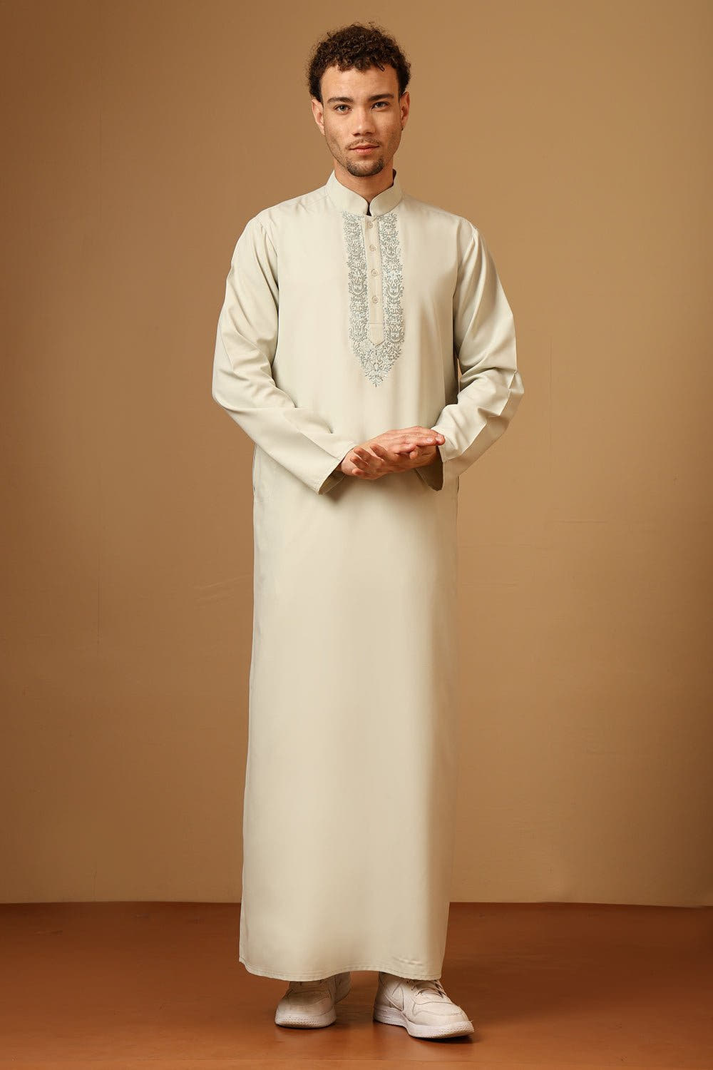 Polyester Poplin Pista Green Embroidered Mandarin Collar Thobe