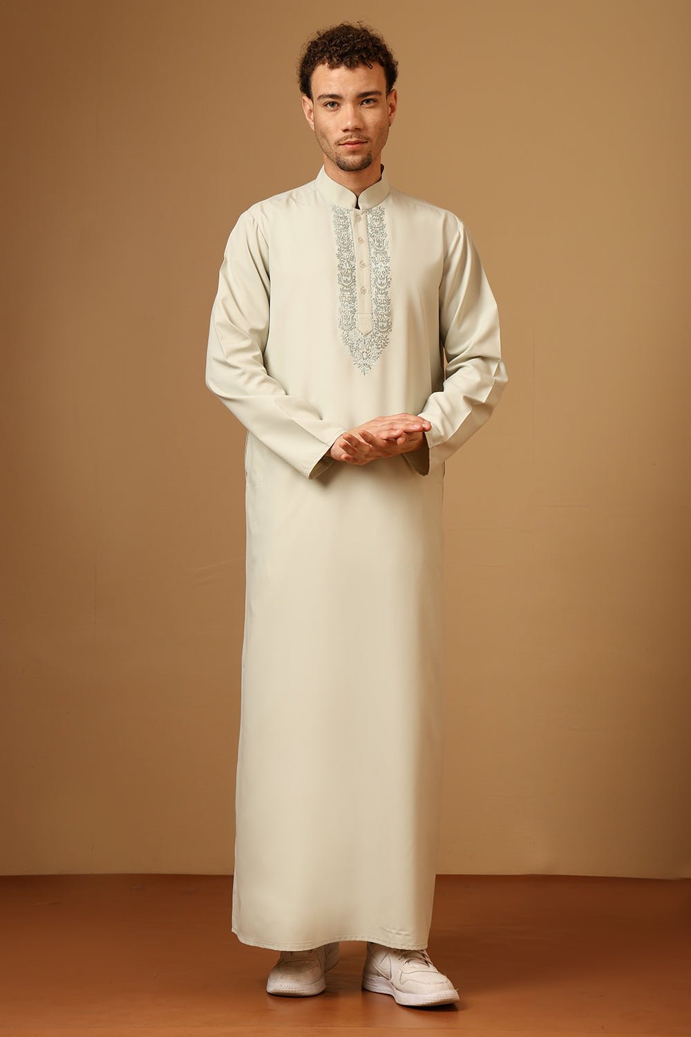 Polyester Poplin Pista green Embroidered Mandarin Collar Thobe - EastEssence.com