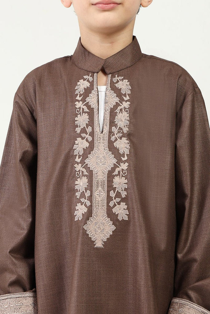 Polyester Poplin Thobe with Cranford Collar & Cross - Stitch Embroidery - Brown - EastEssence.com