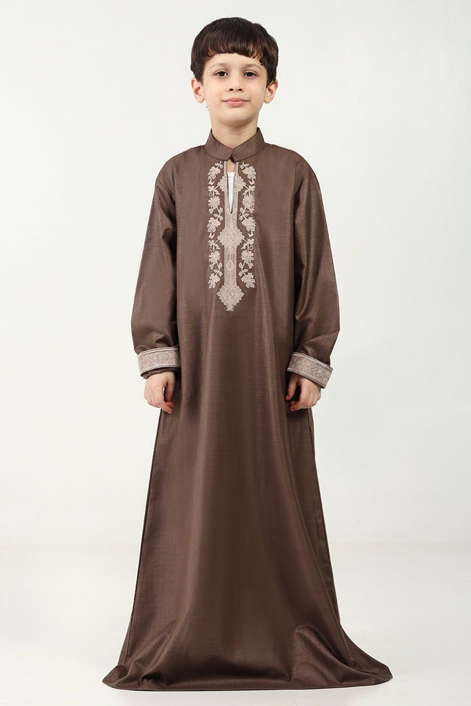 Polyester Poplin Thobe with Cranford Collar & Cross - Stitch Embroidery - Brown - EastEssence.com