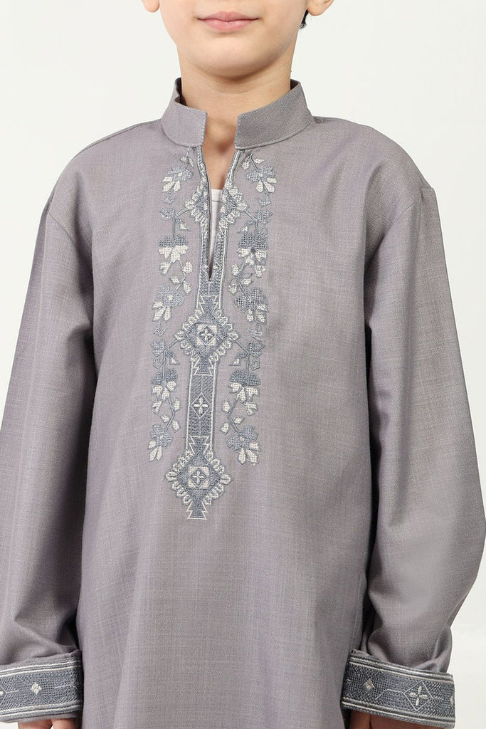 Polyester Poplin Thobe with Cranford Collar & Cross - Stitch Embroidery - Grey - EastEssence.com