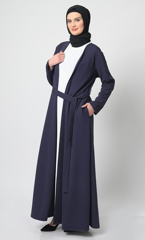 Ponte Roma Open Front Jilbab Abaya with Adjustable Belt and Inner - 2 - Piece Set - EastEssence.com