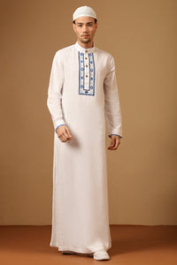 Premium Linen Embroidered Thobe with Mandarin Collar Button Placket - EastEssence.com