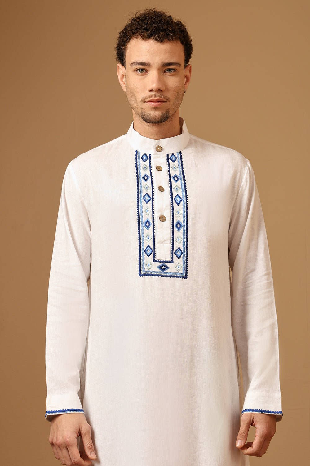 Premium Linen Embroidered Thobe with Mandarin Collar Button Placket - EastEssence.com