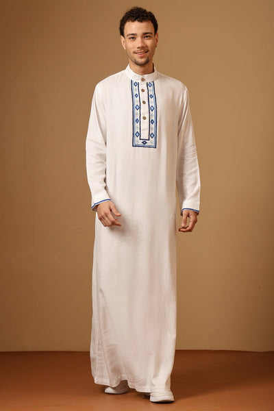 Premium Linen Embroidered Thobe with Mandarin Collar Button Placket