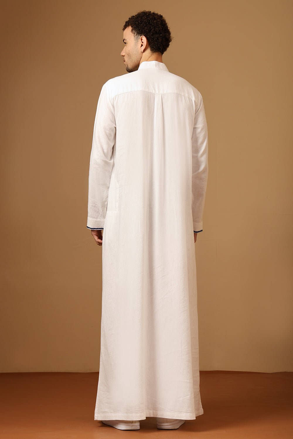 Premium Linen Embroidered Thobe with Mandarin Collar Button Placket - EastEssence.com