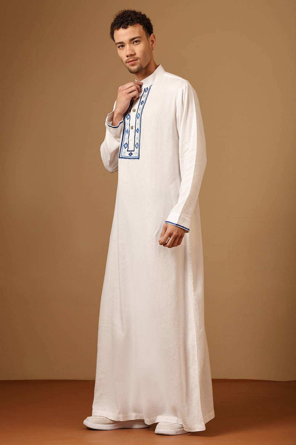 Premium Linen Embroidered Thobe with Mandarin Collar Button Placket - EastEssence.com