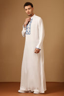 Premium Linen Embroidered Thobe with Mandarin Collar Button Placket - EastEssence.com