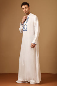 Premium Linen Embroidered Thobe with Mandarin Collar Button Placket - EastEssence.com