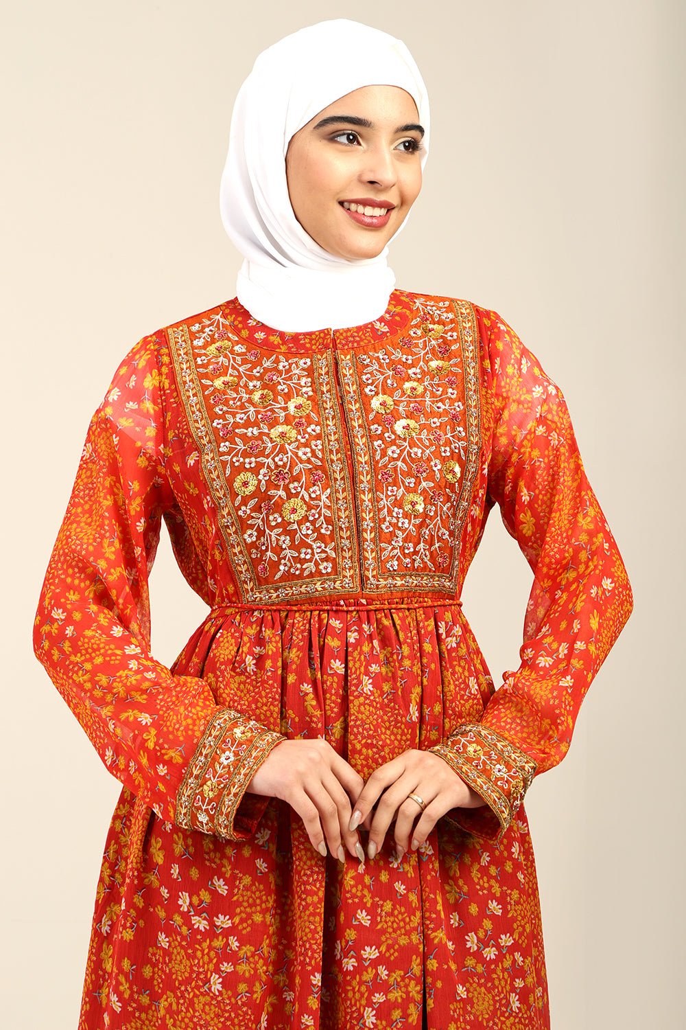 Printed Chiffon A - Line Pleated Abaya - EastEssence.com