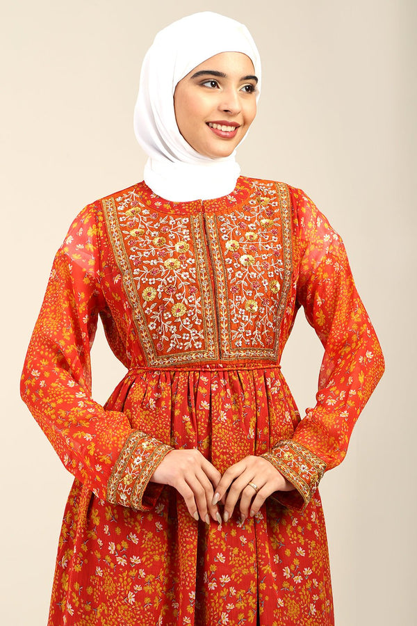 Printed Chiffon A - Line Pleated Abaya - EastEssence.com