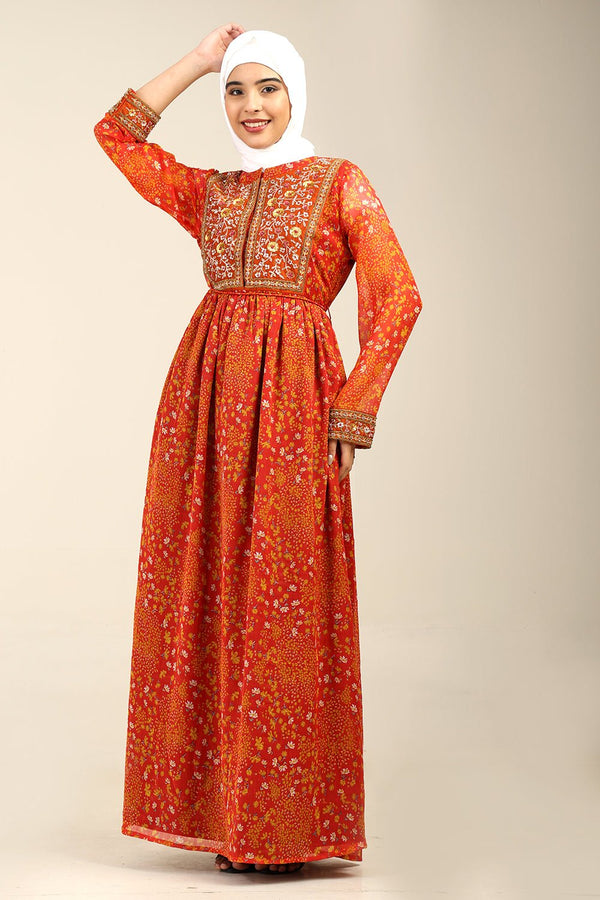 Printed Chiffon A - Line Pleated Abaya - EastEssence.com