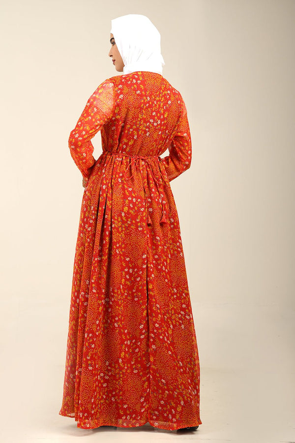 Printed Chiffon A - Line Pleated Abaya - EastEssence.com