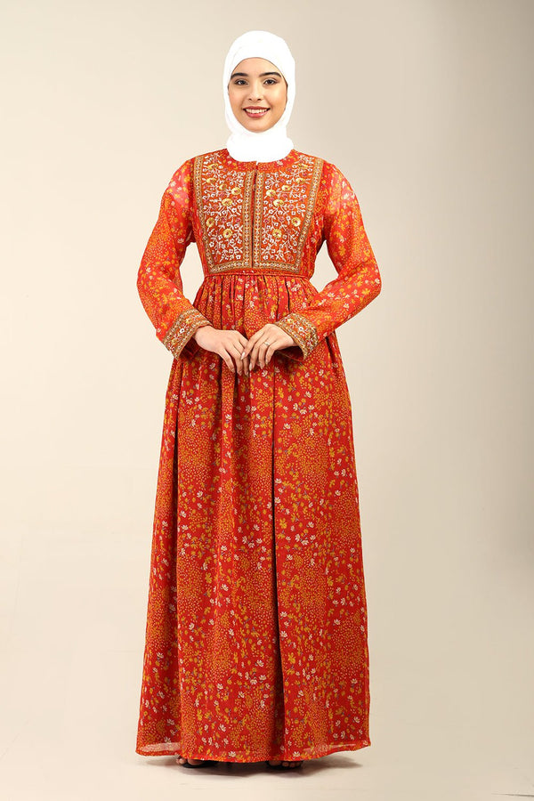 Printed Chiffon A - Line Pleated Abaya - EastEssence.com