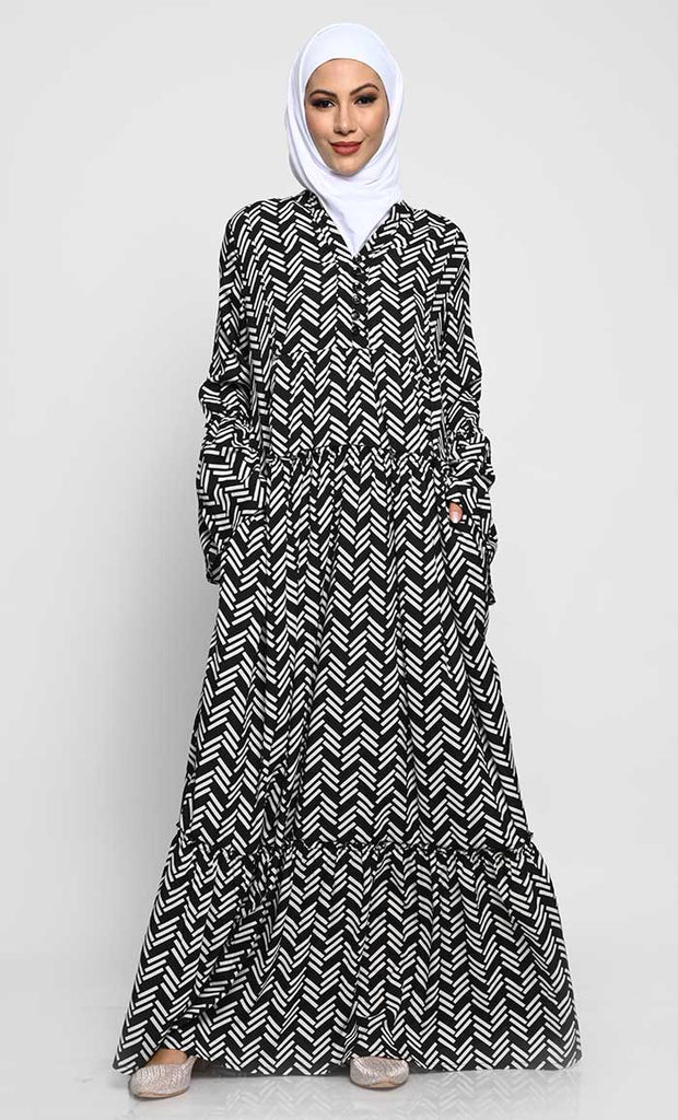 Printed Crepe Abaya with Flounce Sleeves and Loop Button Detailing - EastEssence.com