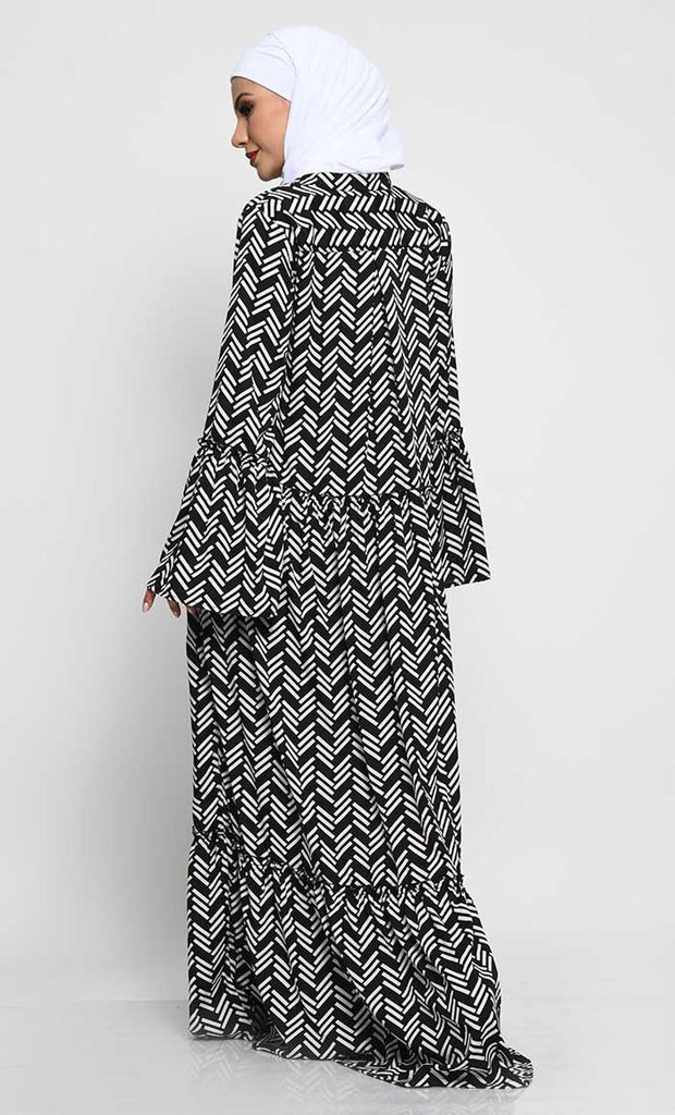 Printed Crepe Abaya with Flounce Sleeves and Loop Button Detailing - EastEssence.com