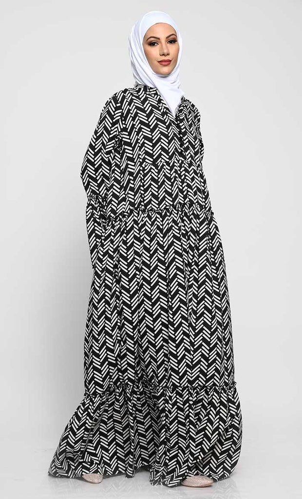 Printed Crepe Abaya with Flounce Sleeves and Loop Button Detailing - EastEssence.com