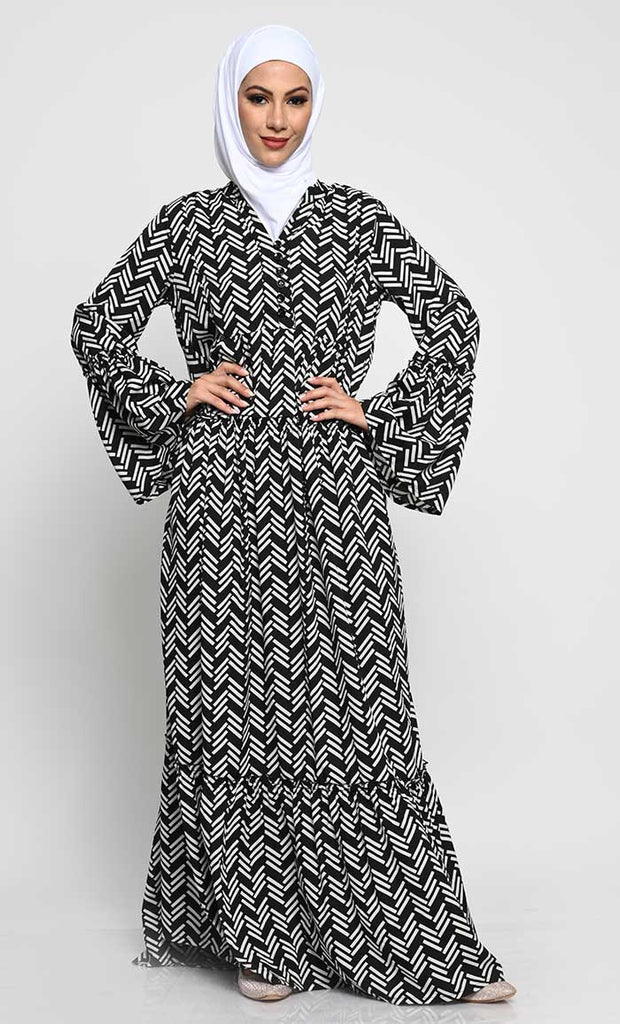 Printed Crepe Abaya with Flounce Sleeves and Loop Button Detailing - EastEssence.com