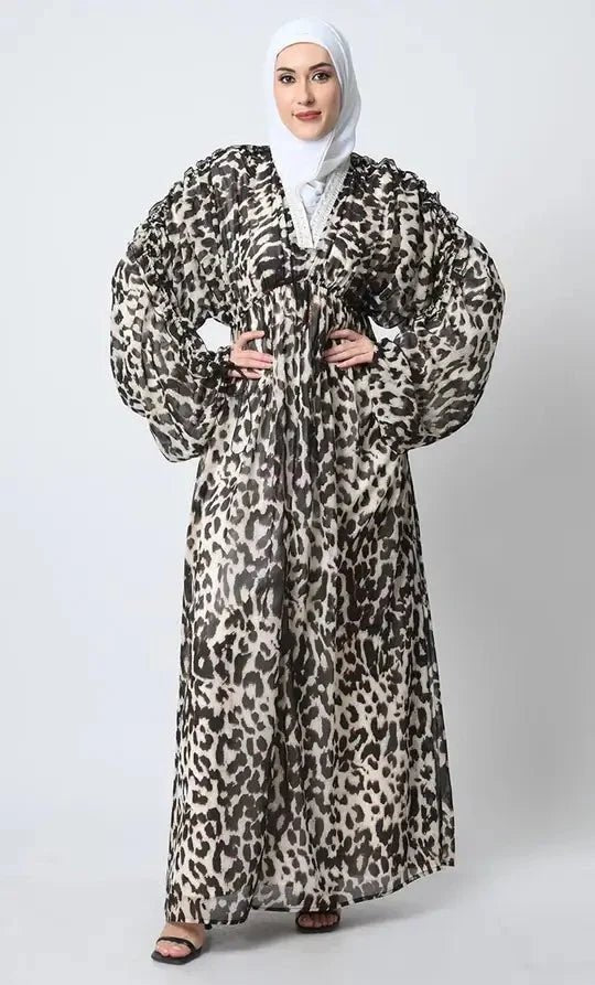 Printed Georgette Abaya Bishop Sleeves, Satin Lining - EastEssence.com