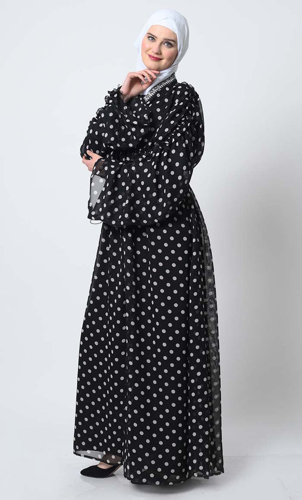 Printed Georgette Abaya Dress – Satin Lined, Elastic Waist, Bishop Sleeves - EastEssence.com